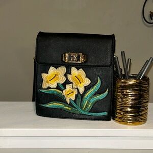 Black Crossbody Bag with Yellow & Green Floral Embroidery